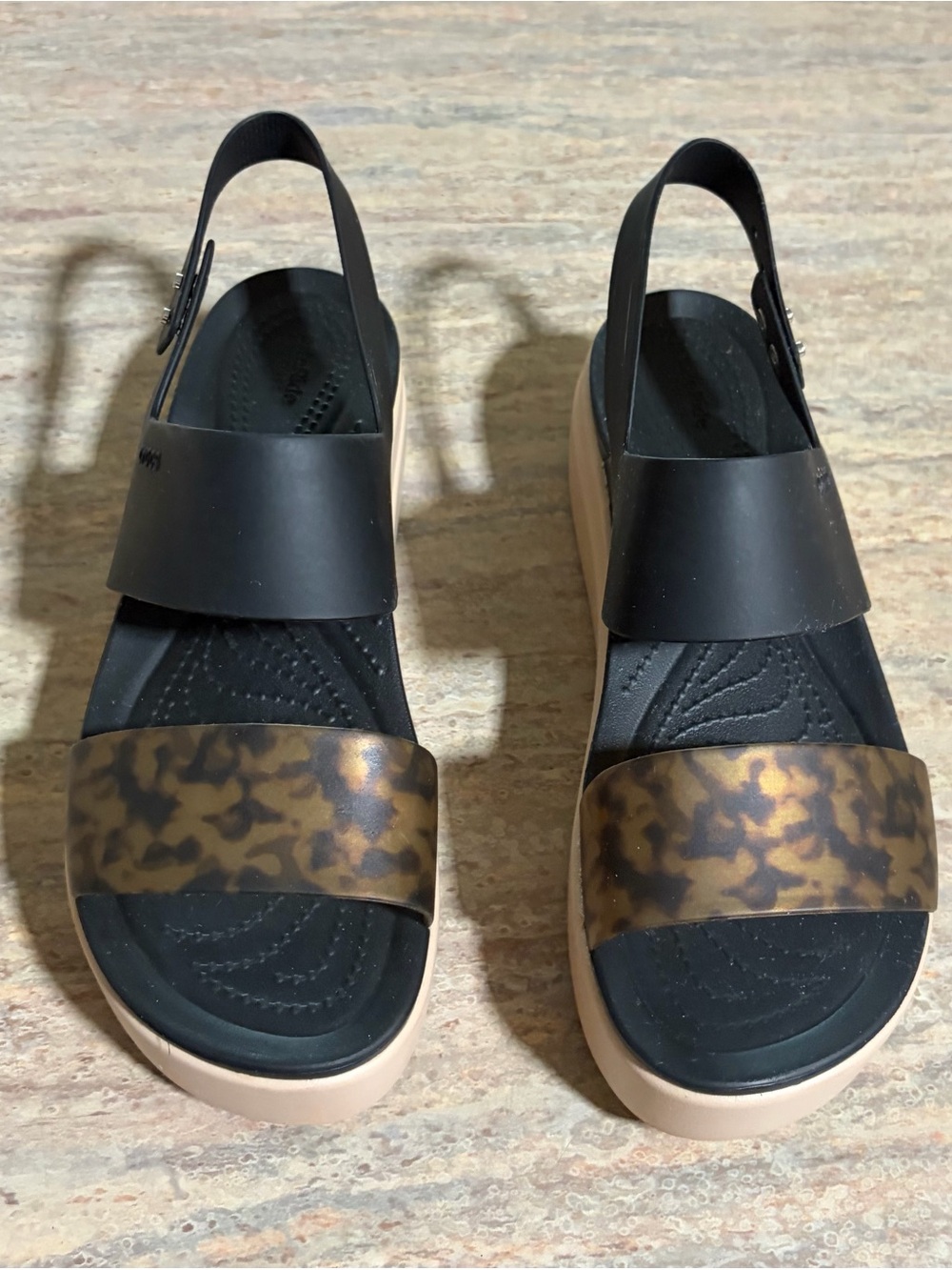 CROCS Black and Brown Tortoise Platform Slingback Sandals - Women